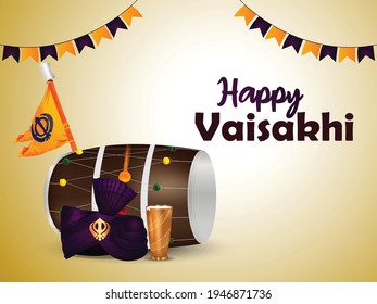 Happy Vaisakhi Celebration Background With Realistic Drum And Sikh Flag