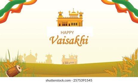 Happy Vaisakhi celebration with the Golden Temple in the background, symbolizing the spiritual significance of the day for Sikhs. The image is adorned with wheat, representing the harvest season, and 