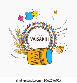 Happy Vaisakhi, Doodle Frame Celebration Background for Punjabi Harvest Festival.