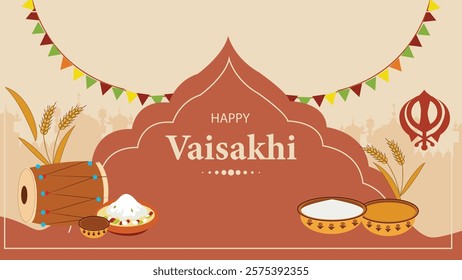 Happy Vaisakhi greeting card featuring a traditional design. It includes a dhol (drum), rice, and wheat, symbolizing the harvest festival. The card has vibrant flags hanging across the top, and the Si