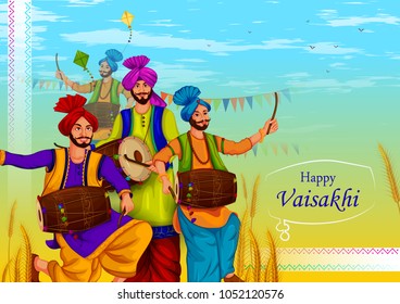 Happy Vaisakhi Punjabi religious holiday background for New Year festival of Punjab India in vector