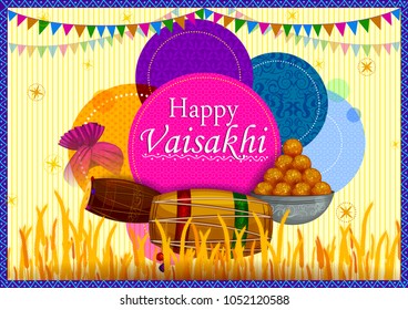 Happy Vaisakhi Punjabi religious holiday background for New Year festival of Punjab India in vector