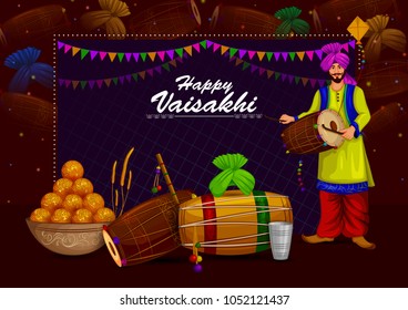 Happy Vaisakhi Punjabi religious holiday background for New Year festival of Punjab India in vector