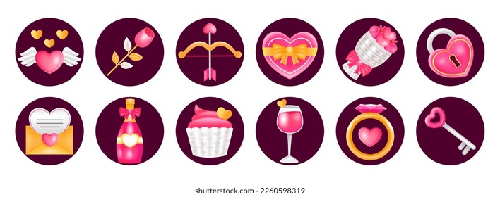 Happy Valentine. 3d ico arrows, hearts, wine, keys, letters, rings, cakes and flowers