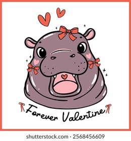 Happy Valentine Baby Pygmy Hippo Retro with red bow Hand Drawn Cartoon Character 