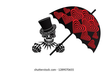 Happy valentine background, skull gentlemen with umbrella and red hearts