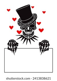 Happy Valentine. Blank paper with skull head gentleman and red hearts.