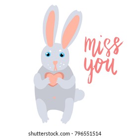 Happy Valentine bunny holding a heart flat illustration with hand written lettering miss you isolated on white.