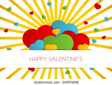 Happy Valentine card with colorful hearts and sunburst