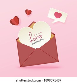 Happy valentine card design with love heart card showing in envelope on pink background vector illustration