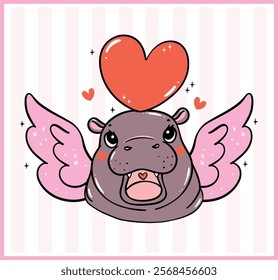 Happy Valentine Cupid Baby Pygmy Hippo with red Heart Hand Drawn Cartoon Character 