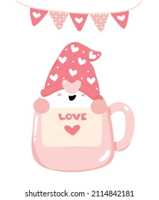 Happy Valentine cute gnome head in coffee cup with love letter and heart flag garland, cartoon flat vector