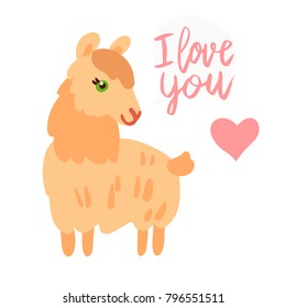 Happy Valentine cute llama flat illustration with hand written lettering I love you and hearts isolated on white.