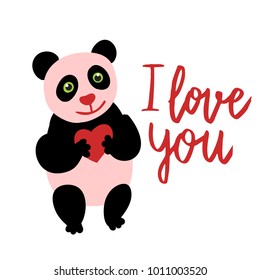 Happy Valentine cute panda flat illustration with hand written lettering I love you isolated on white.