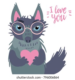 Happy Valentine cute wolf dressed in glasses holding a heart flat illustration with hand written lettering I love you isolated on white.