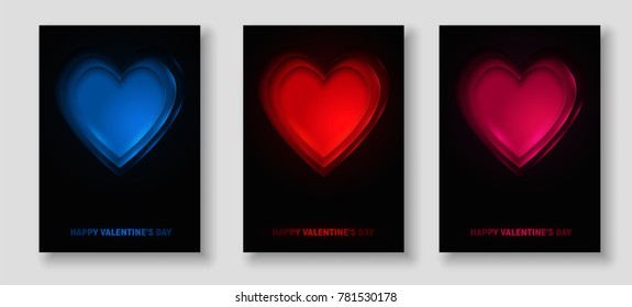Happy Valentine day 3d abstract cut out set of heart shapes with neon light from inside. Vector design layout template for greeting cards, flyers, posters and invitations.