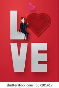 Happy valentine day 3d layer paper art style with smart guy and text vector illustration