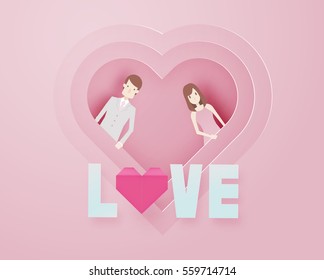 Happy valentine day 3d layer paper art style with smart guy and text vector illustration