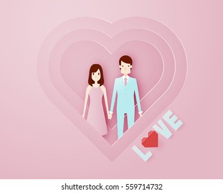 Happy valentine day 3d layer paper art style with smart guy and text vector illustration