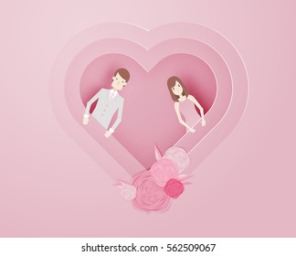 Happy valentine day 3d layer paper art style with smart guy and text vector illustration