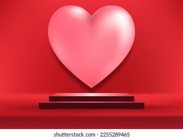 Happy valentine day 3D realistic red podium platform with pink heart on red background. You can use for product display mockup for lover. Vector illustration