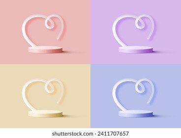 Happy valentine day 3D realistic pastel podium platform with heart line art isolated background. You can use for product display mockup for lover. Vector illustration