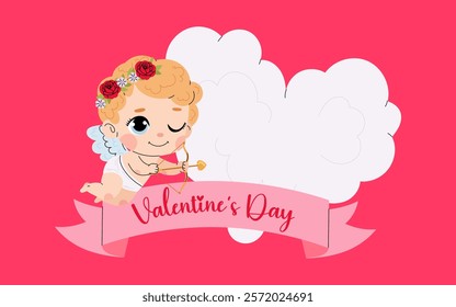 Happy Valentine Day background. Backdrop with cute cupid, lettering and heart shaped cloud. Holiday card in flat style.