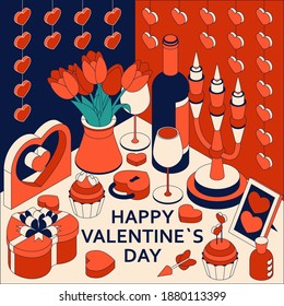 Happy Valentine Day background with cute isometric elements. Greeting card and Love template. Vector illustration.