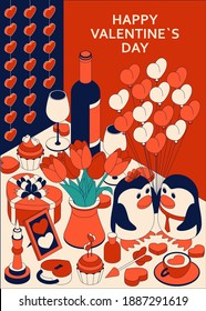 Happy Valentine Day background with cute isometric elements