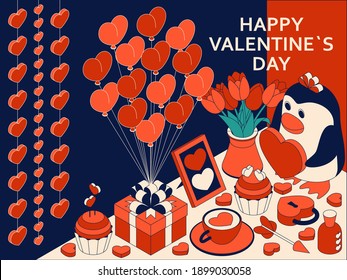 Happy Valentine Day background with cute isometric elements