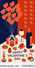 Happy Valentine Day background with cute isometric elements. Greeting card and Love template. Vector illustration.