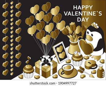 Happy Valentine Day background with cute isometric elements