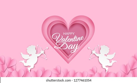 Happy Valentine day background .  Design with heart and Cupid on pastel background, paper art style . Vector.