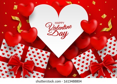 Happy Valentine day background. Design with heart balloons gift box , and gold foil confetti on red background. Vector.