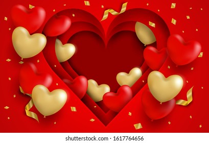 Happy Valentine day background. Design with red ,gold heart balloons and gold foil confetti on red background. Vector.