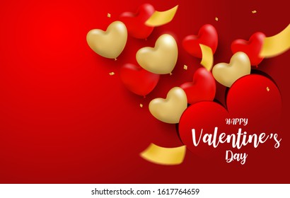 Happy Valentine day background. Design with red ,gold heart balloons and gold foil confetti on red background. Vector.