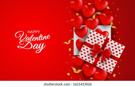 Happy Valentine day background. Design with heart balloons gift box , and gold foil confetti on red background. Vector.
