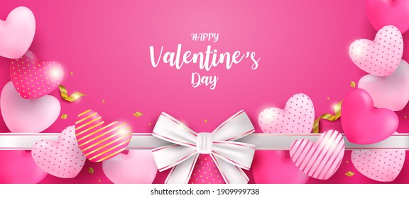 Happy Valentine day background. Design with pink, gold heart  and gold foil confetti on pink background. Vector.