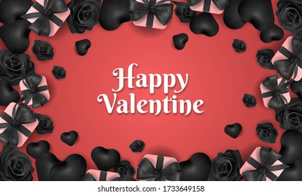 happy valentine day background with gift box, black rose, and heart on red background