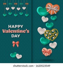 Happy Valentine Day background with glossy hearts. Greeting card and Love template. Vector illustration.