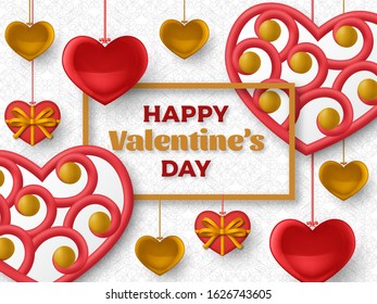 Happy Valentine Day background with glossy hearts. Greeting card and Love template. Vector illustration.