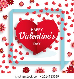 Happy Valentine Day background. Good design template for banner, greeting card, flyer. Paper art flowers and hearts. Vector illustration