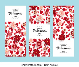Happy Valentine Day background. Good design template for banner, greeting card, flyer. Paper art flowers and hearts. Vector illustration