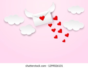 Happy Valentine day background . love letters, white envelope and red heart flying on sky ,pink background, paper art style . Vector.