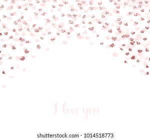 Happy Valentine Day Background With Rose Gold Glitter Heart Confetti. 