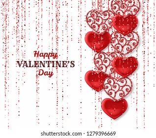 Happy Valentine Day background with shiny and glossy hearts. Red pink glitter and confetti. Greeting card and Love template. Vector illustration.