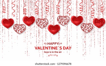 Happy Valentine Day background with shiny and glossy hearts. Red pink glitter and confetti. Greeting card and Love template. Vector illustration.
