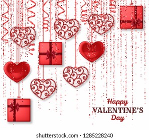 Happy Valentine Day background with shiny and glossy hearts. Red pink glitter and confetti. Greeting card and Love template. Vector illustration.