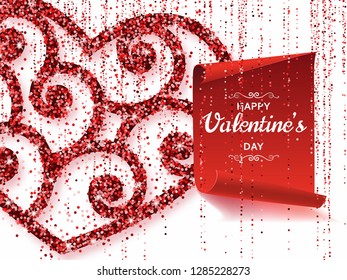 Happy Valentine Day background with shiny and glossy hearts. Red pink glitter and confetti. Greeting card and Love template. Vector illustration.