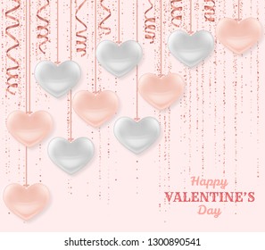 Happy Valentine Day background with shiny and glossy hearts. Pastel pink glitter and confetti. Greeting card and Love template. Vector illustration.